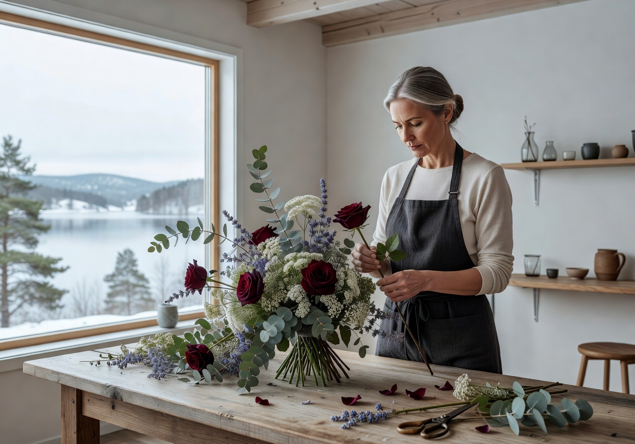 Master florist carefully crafting a luxury bouquet in a Nordic studio
