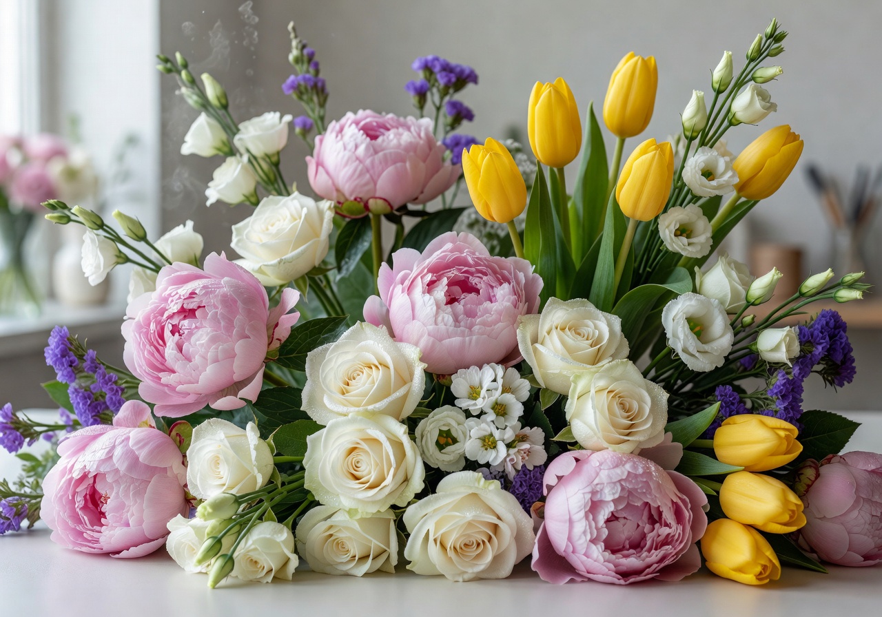 Close up of fresh premium flowers ready for arrangement