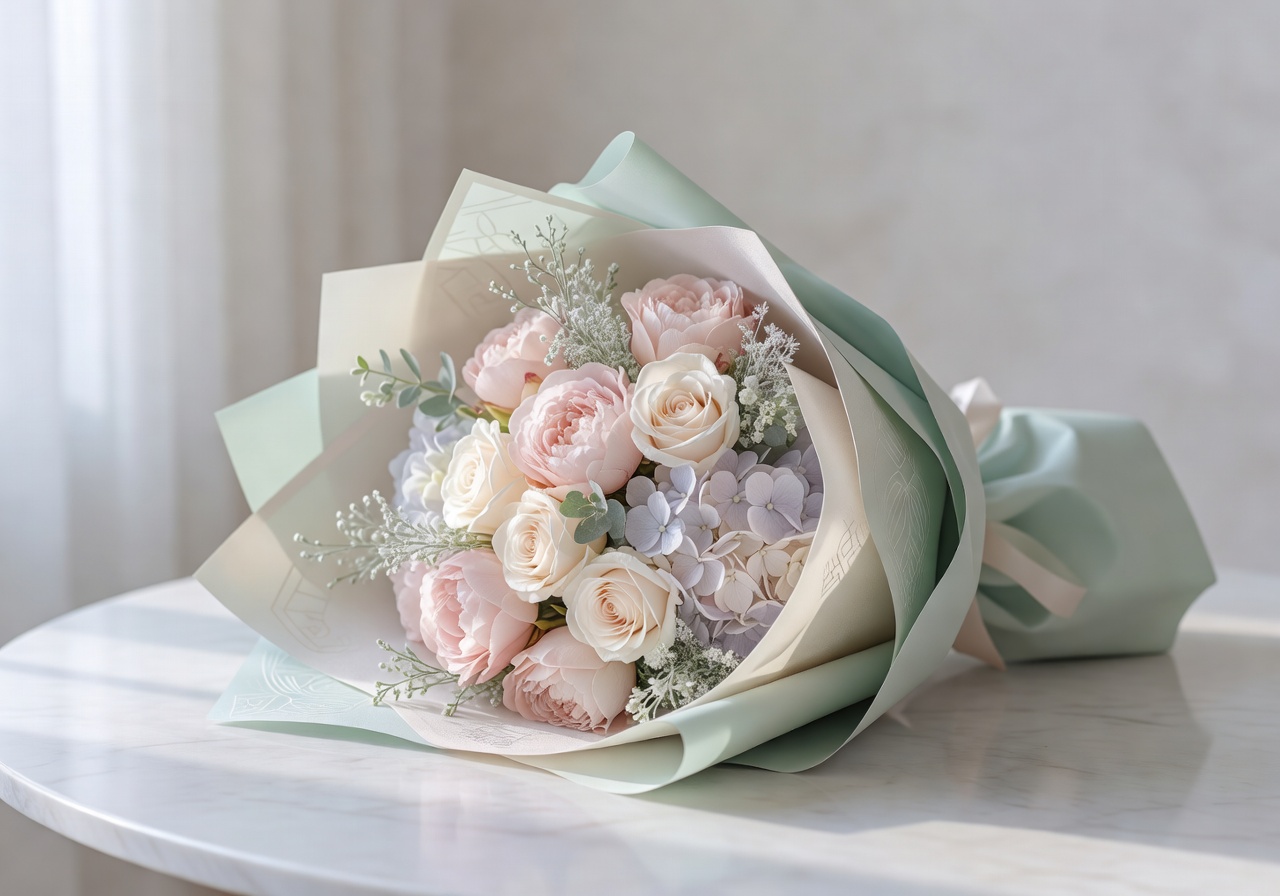 Soft pastel luxury gift bouquet wrapped in premium paper