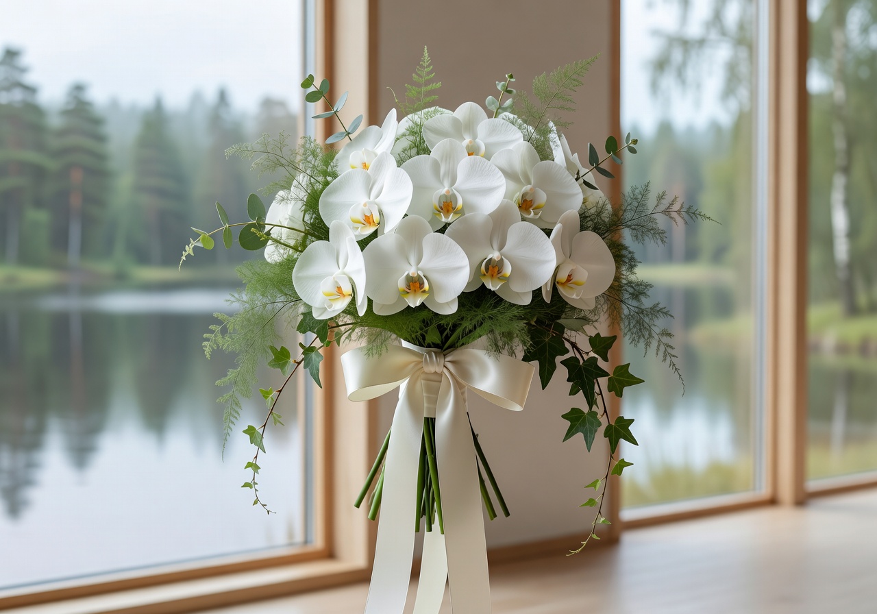 Luxury bridal bouquet with white orchids and soft greenery