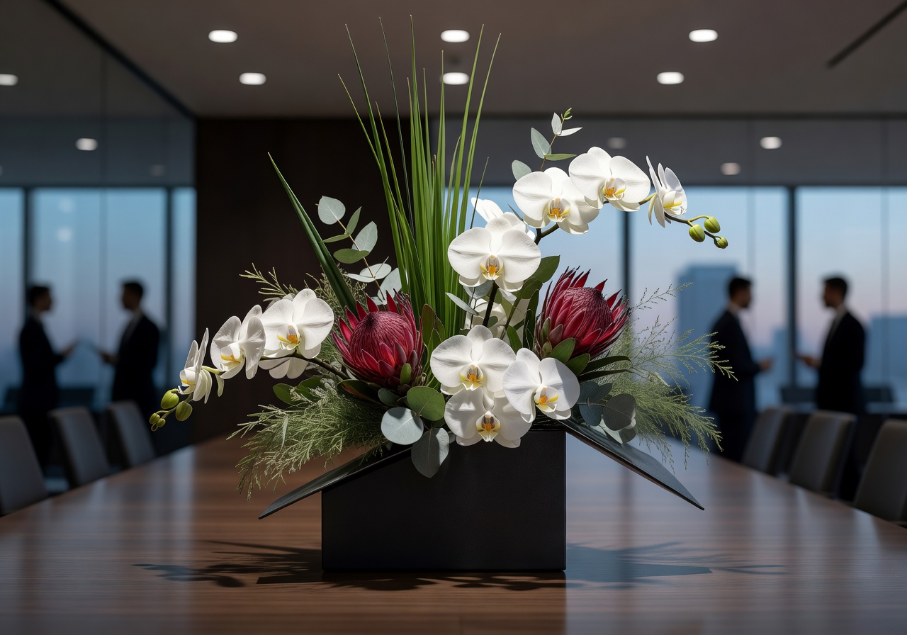 Sleek modern floral arrangement for a corporate event