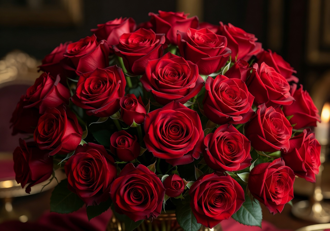 Large bouquet of velvety red and deep burgundy roses