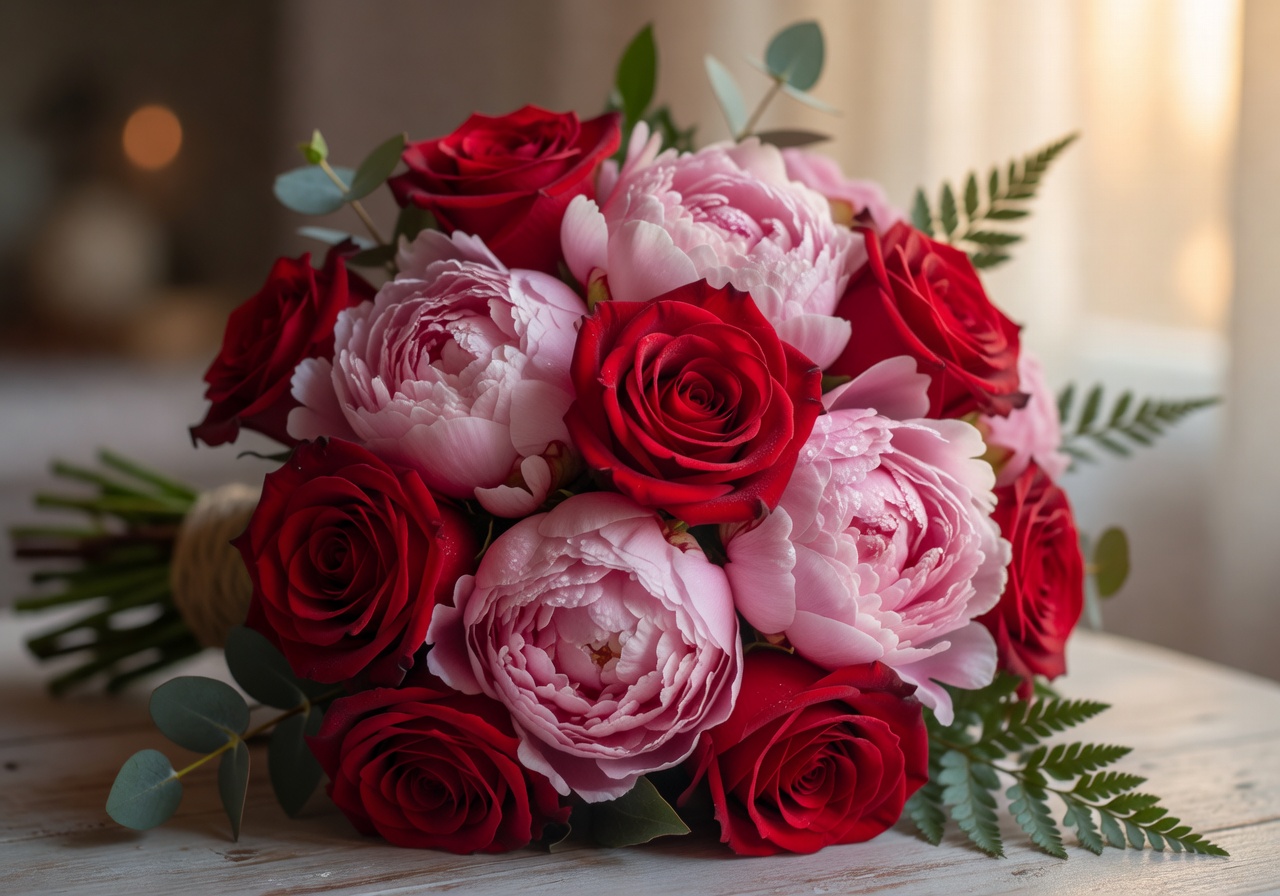 Romantic bouquet featuring deep red roses and soft pink peonies